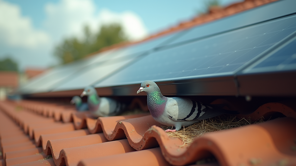 Eye-level view of pigeons nesting under solar panels on a tile roof