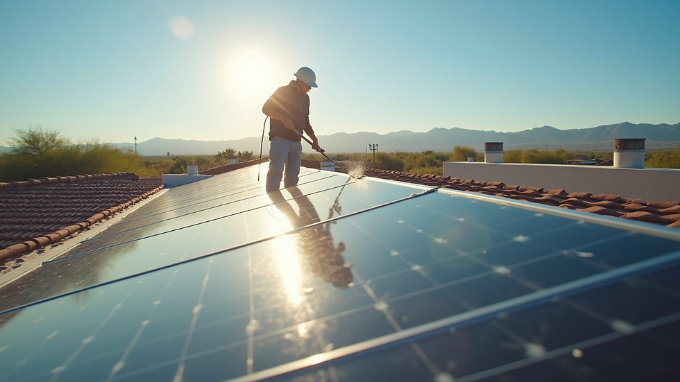 High angle view of a professional cleaning solar panels on a sunny Arizona rooftop