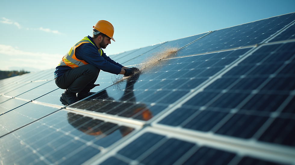 High angle view of technician installing bird netting under solar panels