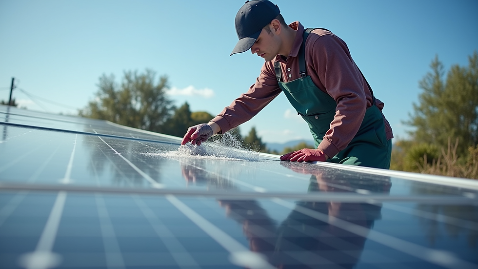 Eye-level view of a professional cleaning bird droppings from solar panels