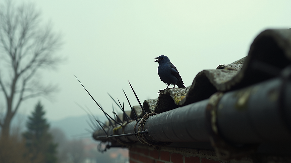 High angle view of bird spikes installed on roof edge
