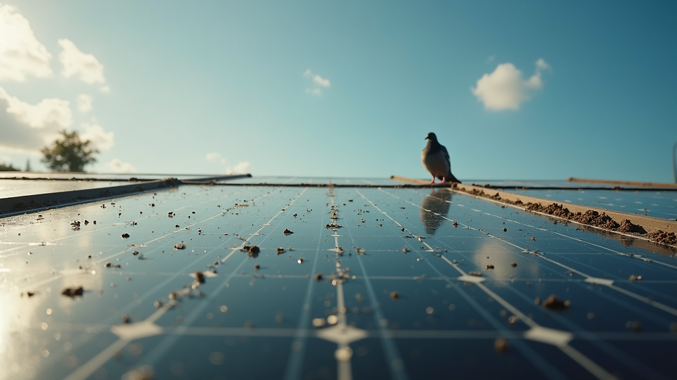 Eye-level view of a solar panel with pigeon droppings and nesting debris on the edges