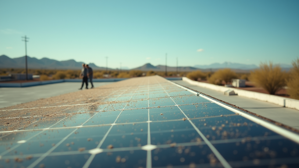 Eye-level view of dusty solar panels on a rooftop in Arizona