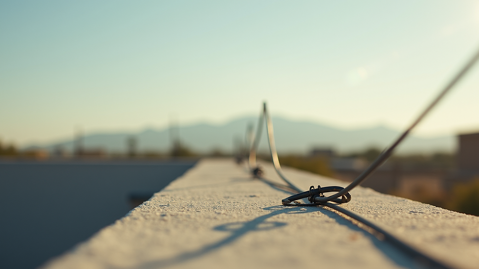 Eye-level view of tensioned bird wire installed on a flat rooftop ledge in Arizona