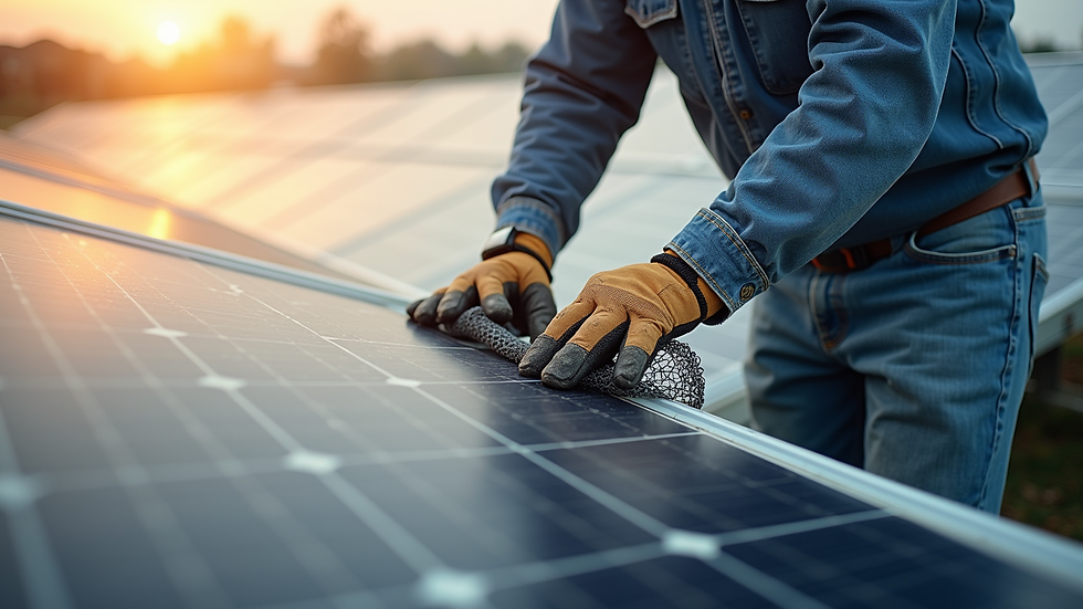 High angle view of a technician installing bird proofing mesh under solar panels