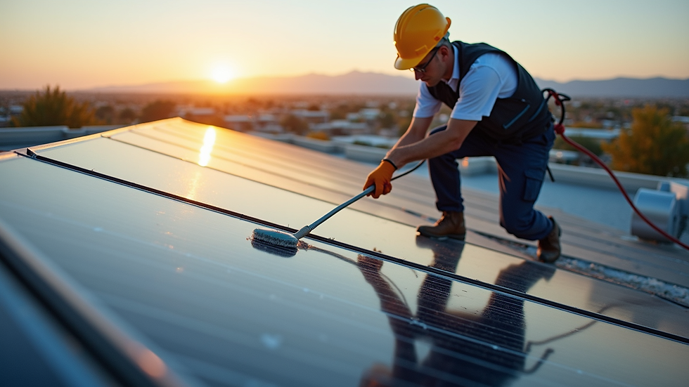 High angle view of a solar panel cleaning technician working on a rooftop in Arizona