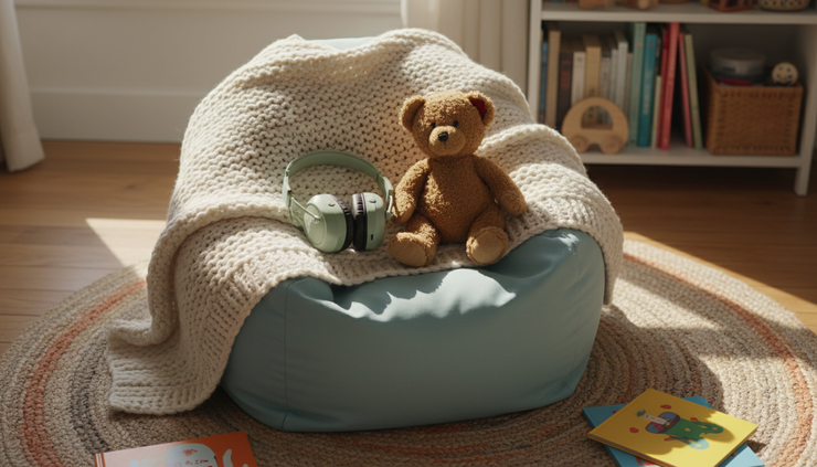 Overhead view of a soft blanket, headphones, and a favorite stuffed animal on a child's reading nook.