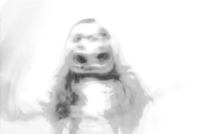 Figure floue sombre hurlant dans une image en noir et blanc, ambiance intense et dramatique, arrière-plan blanchâtre pour illustrer Frankenstein de Mary Shelley