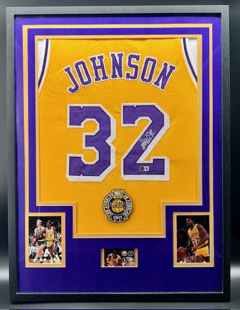 Magic Johnson Autographed Framed 28x36 Jersey - Beckett Certified