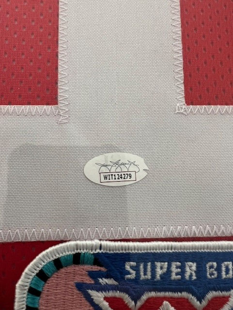 Thumbnail: Joe Montana Autographed 33x25 Framed 49'ers Jersey 4x SB Tribute - JSA Certified