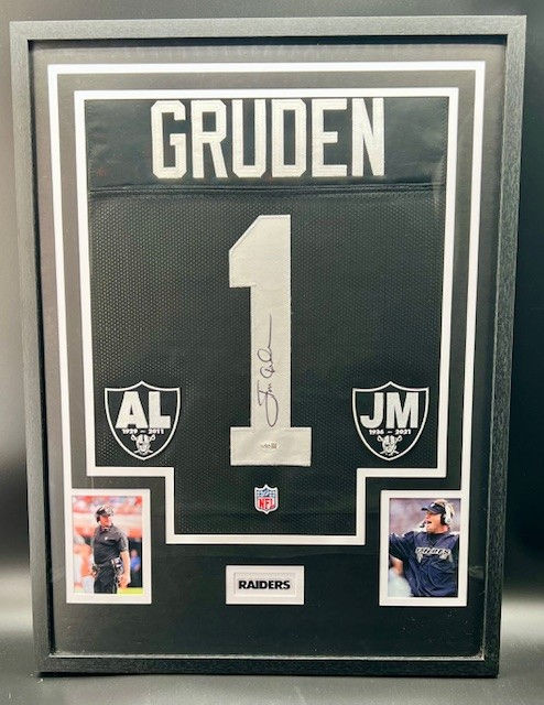 John Gruden Autographed 33x25 Framed Black Raiders Jersey - JSA Certified