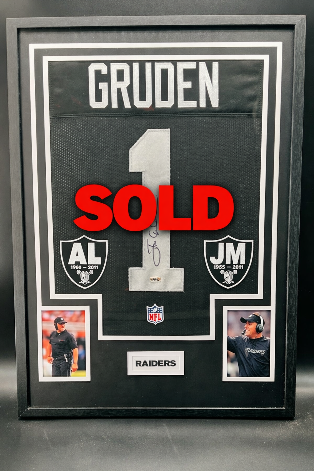 John Gruden Autographed 33x25 Framed Black Raiders Jersey - JSA Certified