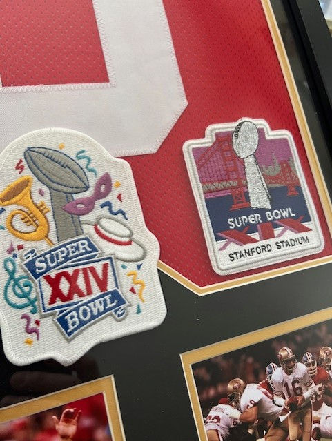 Thumbnail: Joe Montana Autographed 33x25 Framed 49'ers Jersey 4x SB Tribute - JSA Certified