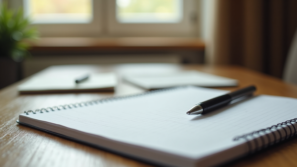 Close-up view of a notebook and pen on a wooden table, ready for a therapy session