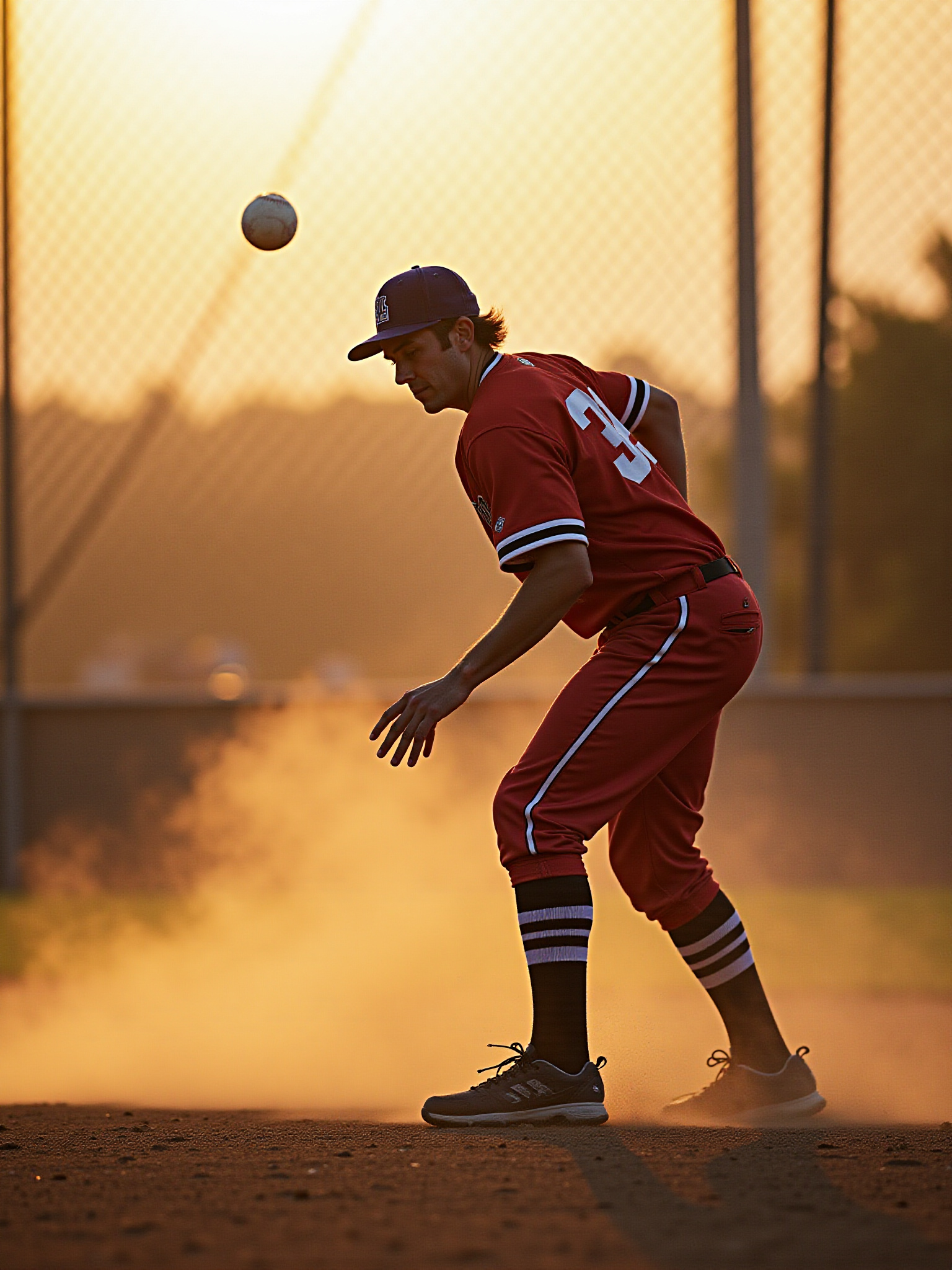 Baseball player catches ball during sunset