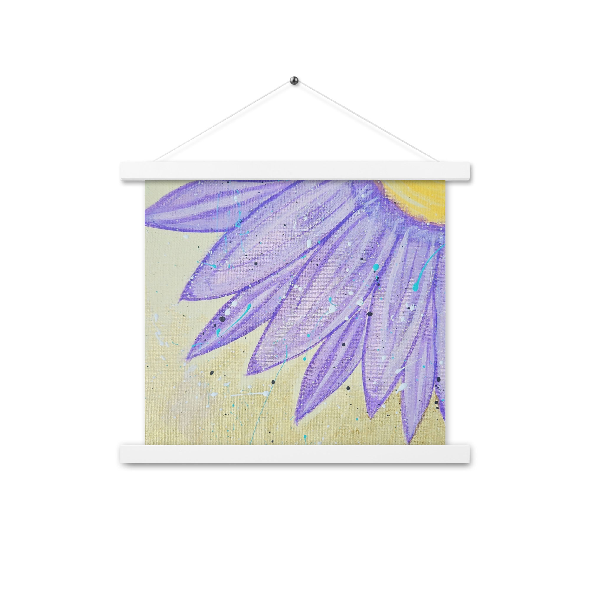 Purple splatter flower art poster in a white hanger