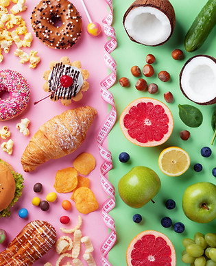 Healthy and unhealthy food background from fruits and vegetables vs fast food, sweets and