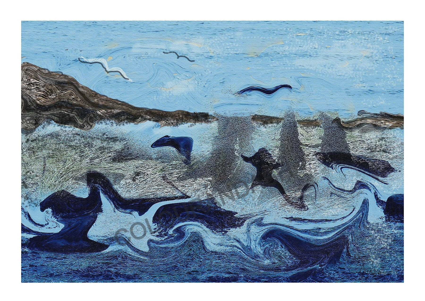 limited edition A4 print - Bird Beach. A race for food between seagulls and crows