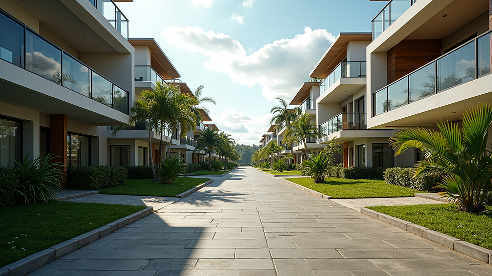 Vista a nivel de calle de complejo residencial moderno en Costa Rica