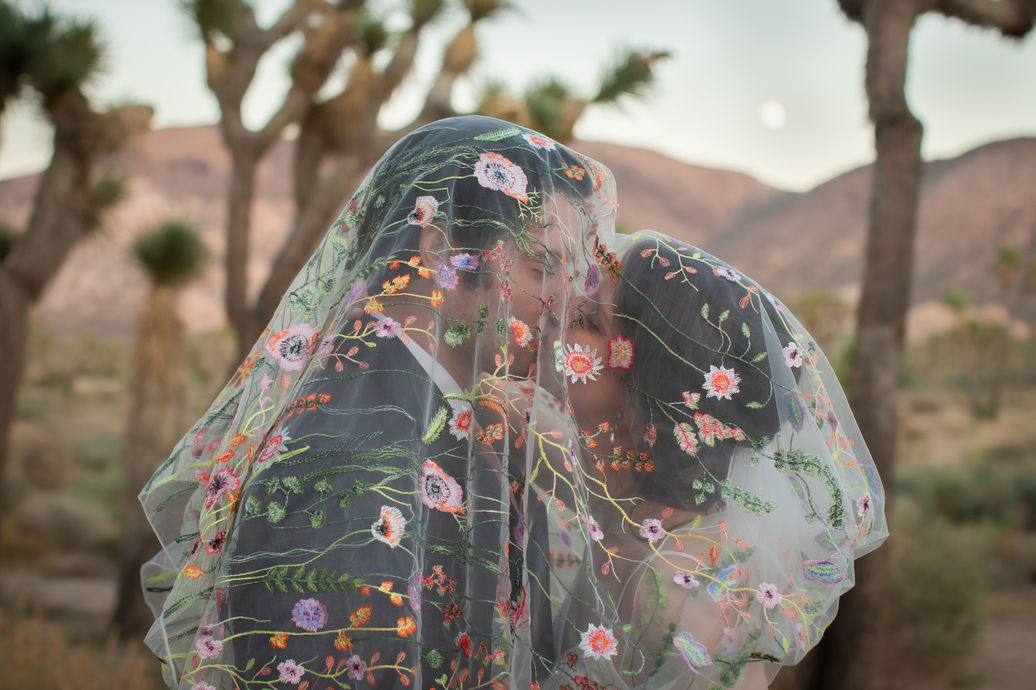 Bride and groom kiss under floral embroidered veil at Cap Rock in Joshua Tree National Park. Intimate desert wedding captured with emotion.