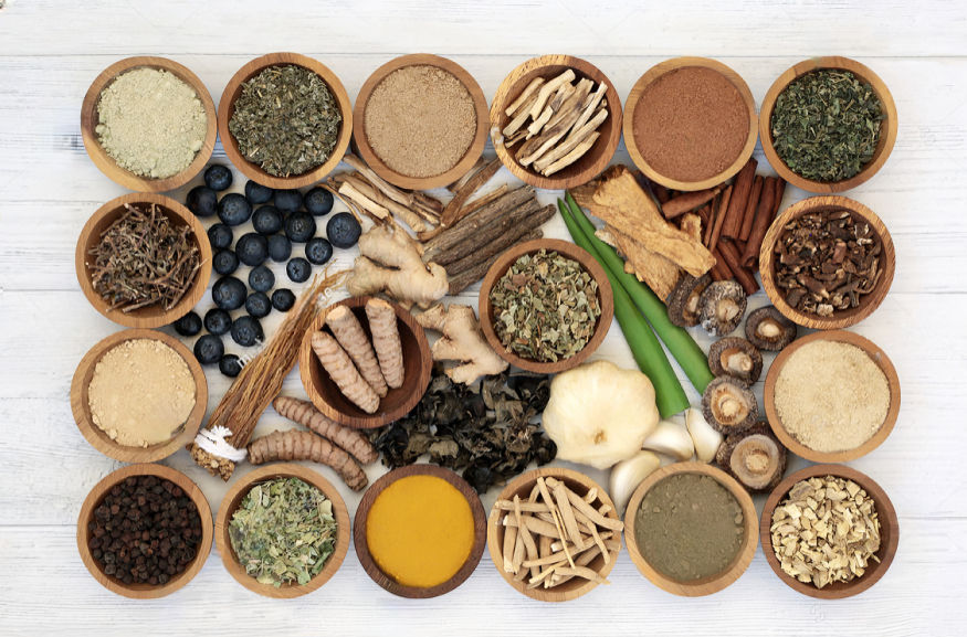 Assorted Nature's Elements Ayurvedic herbs and Ayurvedic powders in bowls
