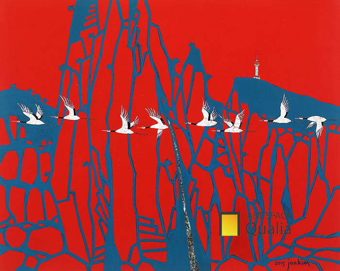 매물도,90.9x72.7cm, 옻칠목태캔버스,나전,옻칠재료