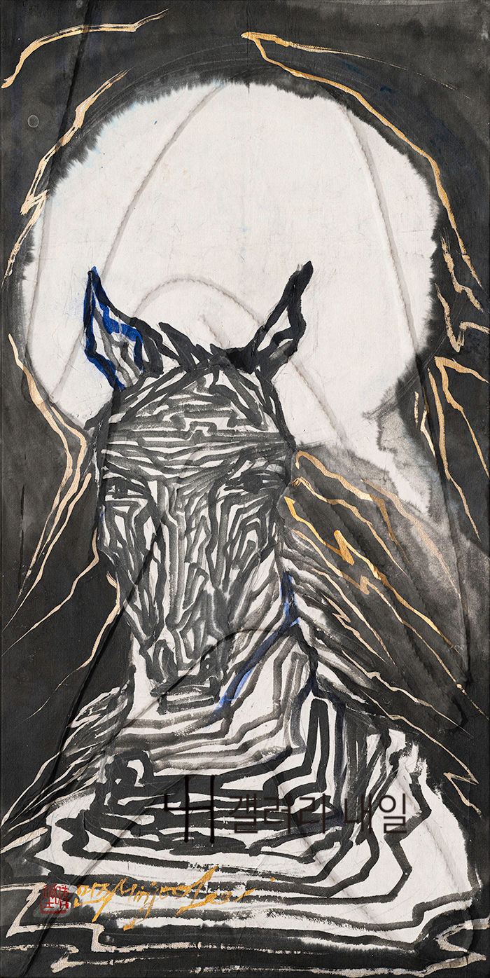 공의 공명-빛과 그림자20250916_4_(80×40)캔버스 위 실 위 한지 위 먹과 과슈, 2025