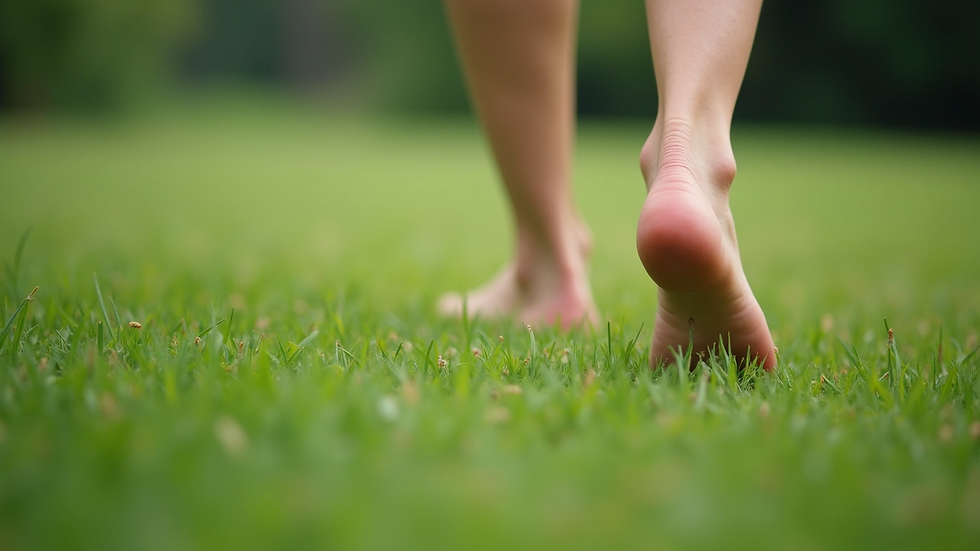 Close-up view of feet walking barefoot on green grass