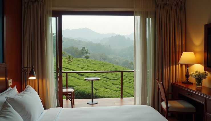 High angle view of a cozy hotel room in Ooty with a window overlooking tea plantations