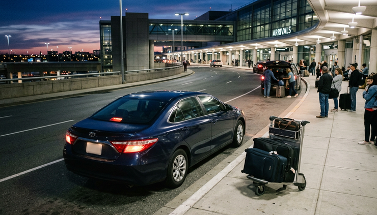 High-angle view of a car waiting near an airport pickup lane at dusk.