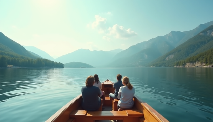 Eye-level view of tourists boating on Kodaikanal Lake with hills in background