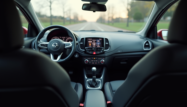 Close-up view of a hatchback cab interior showing clean seats and dashboard