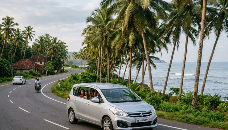 Wide-angle view of a car on a clean coastal road in Mangaluru