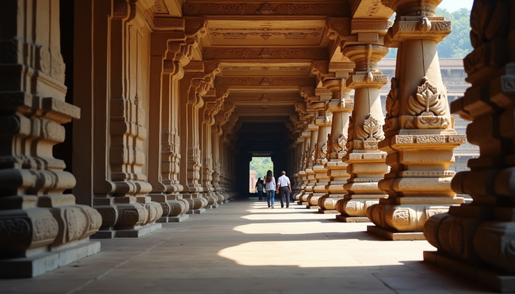 Eye-level view of Ramanathaswamy Temple corridor with carved pillars