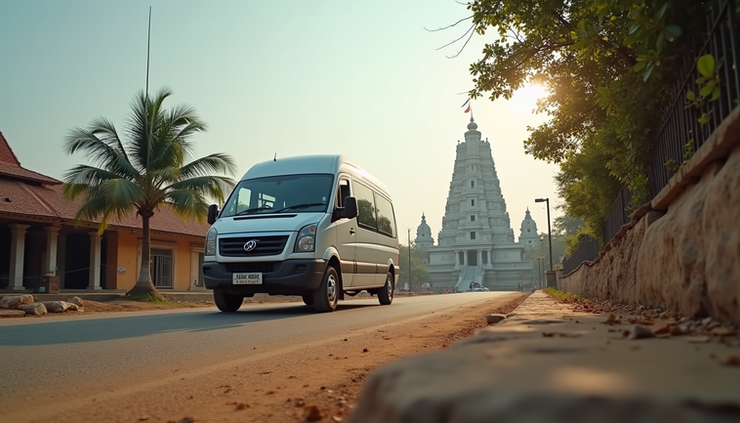 Eye-level view of a white Tempo Traveller van parked near Meenakshi Amman Temple in Madurai