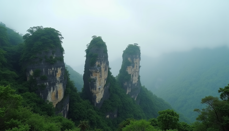 High angle view of Pillar Rocks with mist and greenery