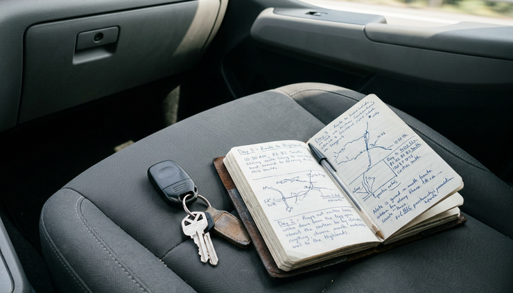 Close-up view of car keys resting beside a travel notebook on a passenger seat
