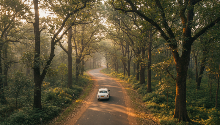 High-angle view of an outstation cab moving along a forest road near Mysore.