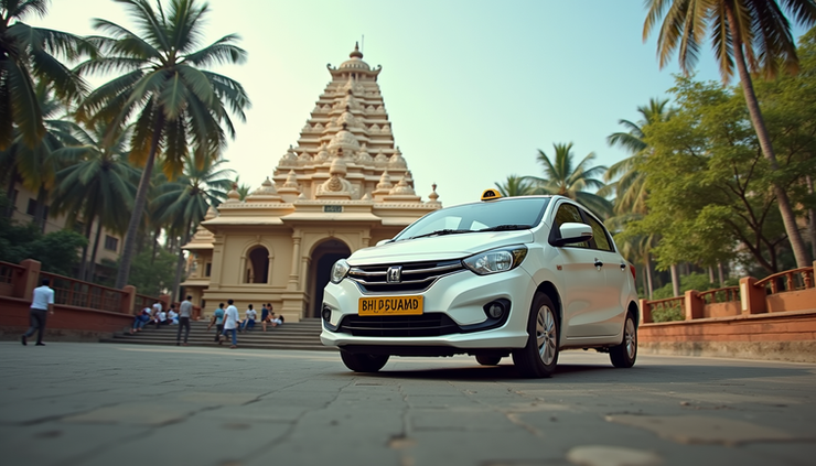 Eye-level view of a white hatchback cab parked near Meenakshi Amman Temple in Madurai