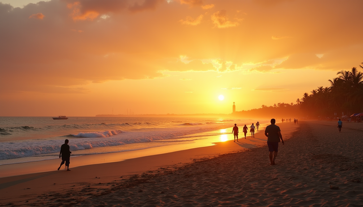 High angle view of Kanyakumari beach with sunset and tourists