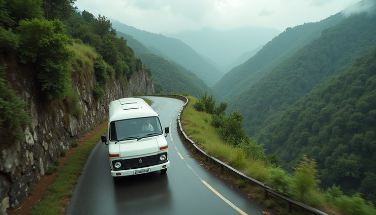 High angle view of a Tempo Traveller van driving on a scenic road near Kodaikanal