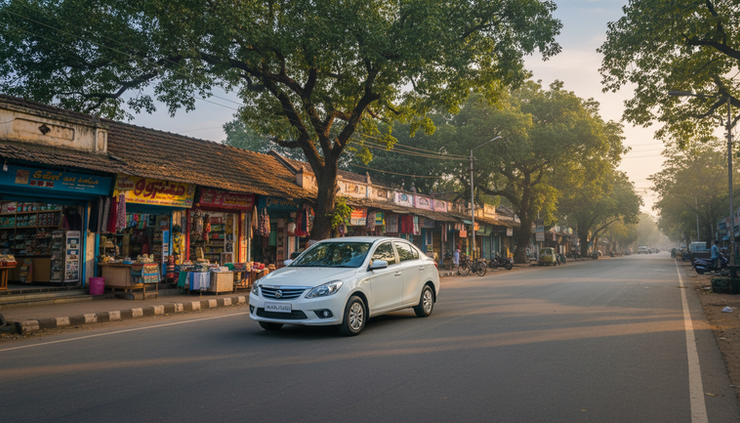 Wide-angle view of a rental car on a quiet Hubli street.