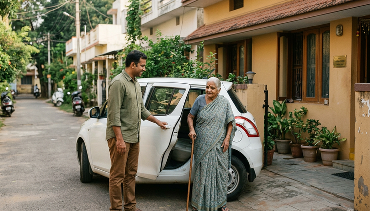 Eye-level view of a driver opening a car door for an elderly passenger outside a home.