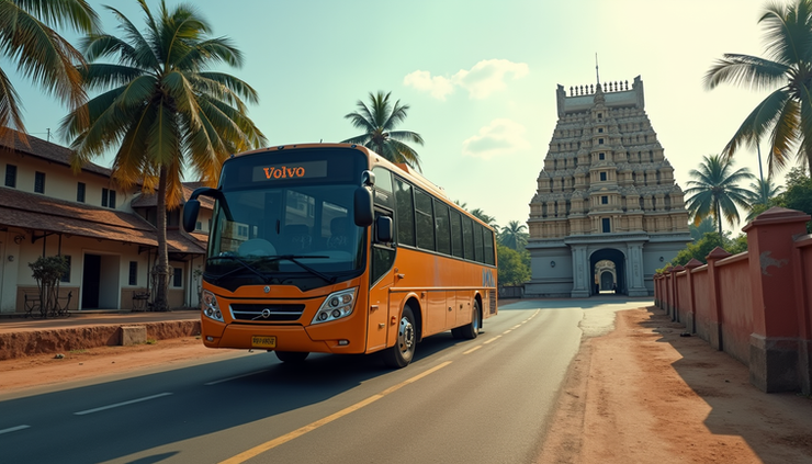 Eye-level view of a Volvo bus parked near a temple in Madurai