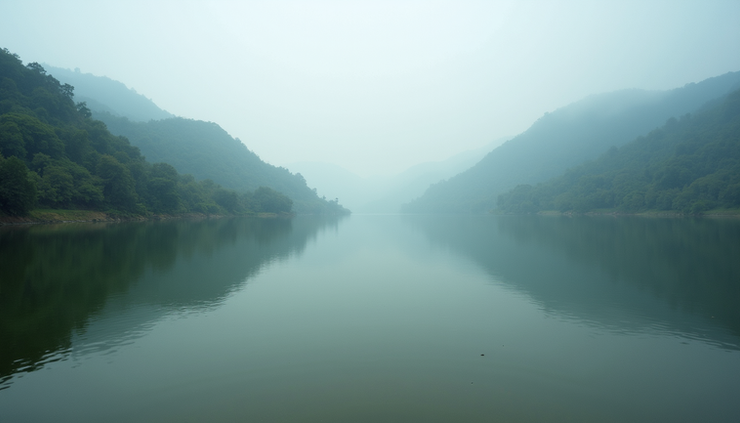 Eye-level view of misty Kodaikanal lake surrounded by hills