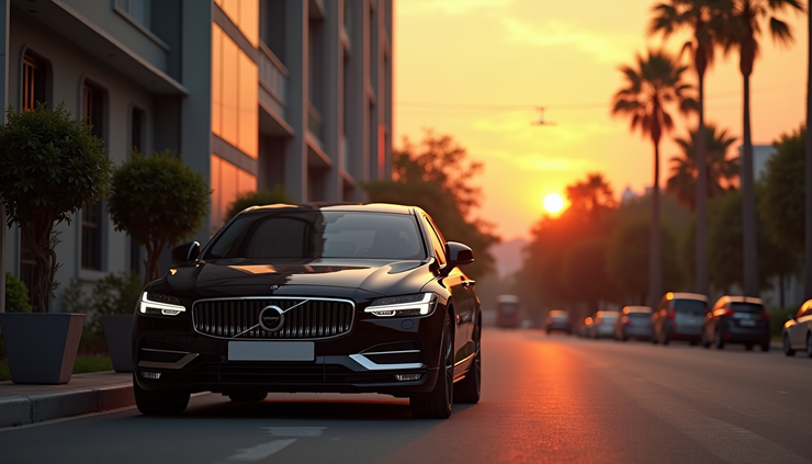 Eye-level view of a black sedan cab parked outside a hotel in Madurai during sunset