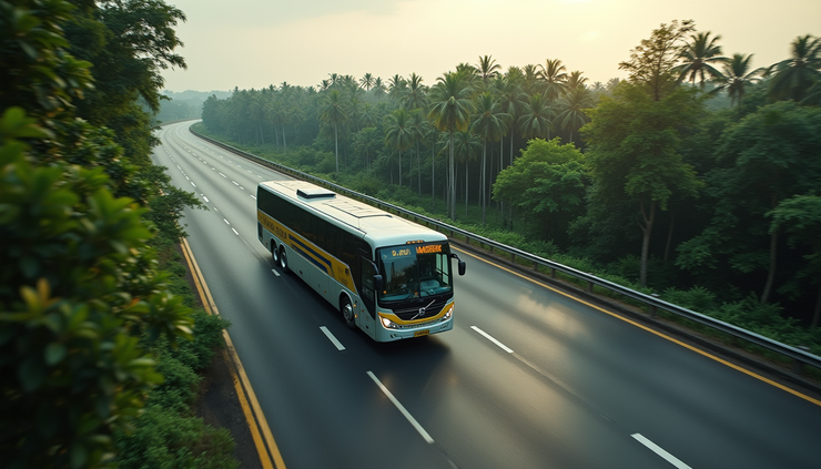 High angle view of a Volvo bus driving on a highway near Madurai