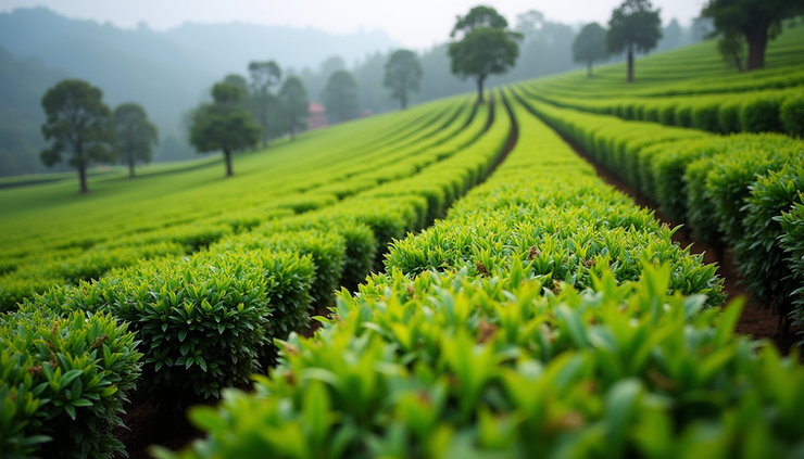 Close-up view of a tea plantation hill in Ooty with rows of green tea bushes