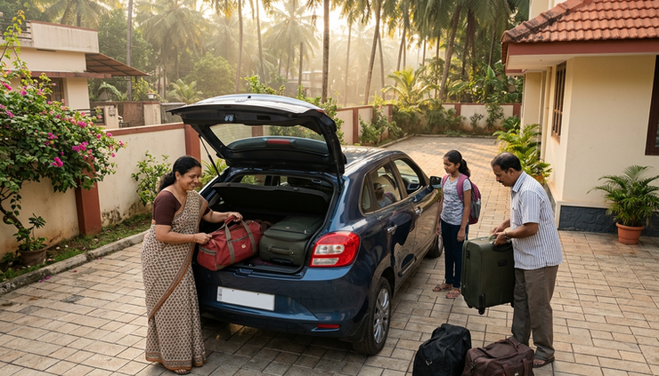 High-angle view of luggage being placed into a car before an outstation trip