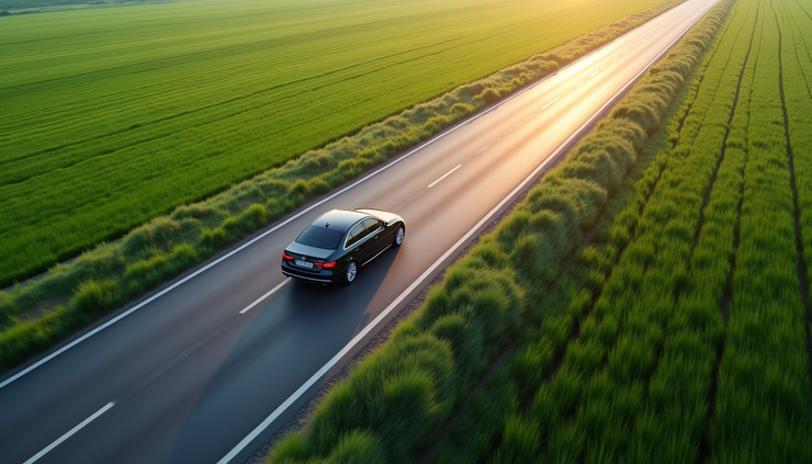 High angle view of a sedan cab driving on a highway near Madurai with green fields on both sides